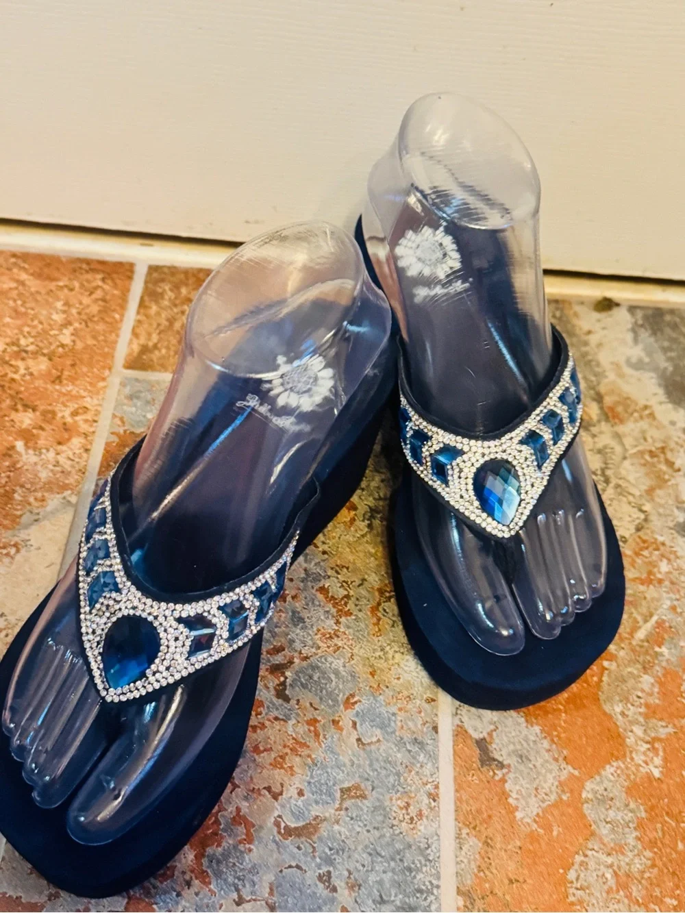 NWOB! Yellow Box Embellished Blue Gem and Rhinestone Platform Thong Sandals! - Picture 5 of 15